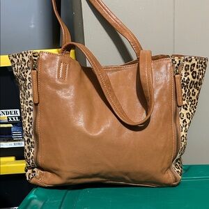 Monserat De Lucca Tan Leather Tote with Leopard Print